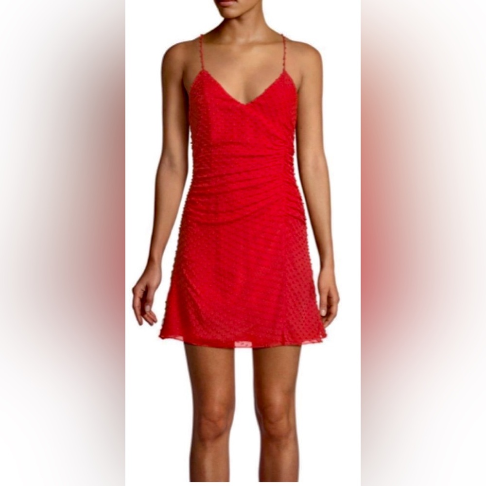 NWT Alice + Olivia Daria Ruched Poppy Red Silky Cotton Swiss Dot Mini Dress ZB15